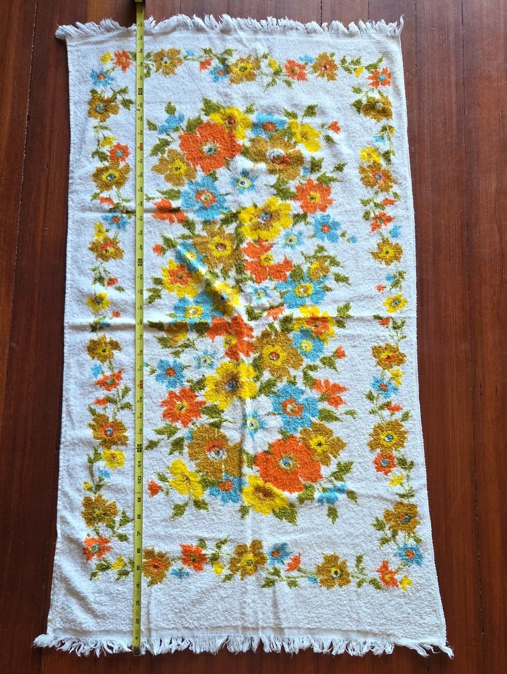 Vintage Floral Cotton Bath Towel in White with Orange, Yellow & Blue Flowers